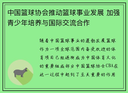 中国篮球协会推动篮球事业发展 加强青少年培养与国际交流合作