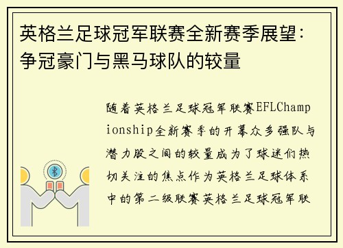 英格兰足球冠军联赛全新赛季展望：争冠豪门与黑马球队的较量